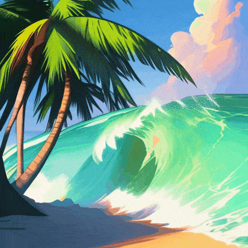 Big waves, Maldives, palm trees, hyper realistic, hdr, 8k, colorful