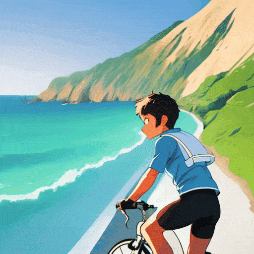 A boy riding a bicycle along a scenic coastal road, with the sea breeze