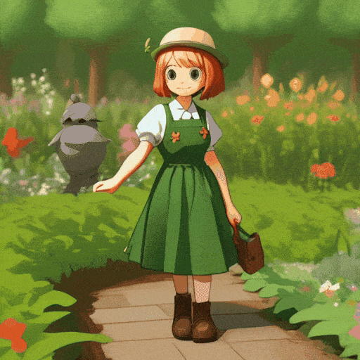 3d cute bird wearing gardener outfit, garden background