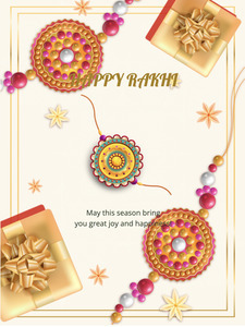 Joyful Rakhi card adorned with blooms and present | Poster