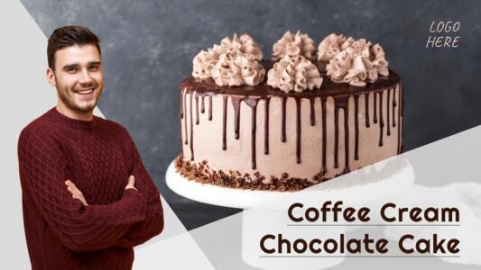 Man with smile shows rich coffee choco cake logo space | Youtube Thumbnail